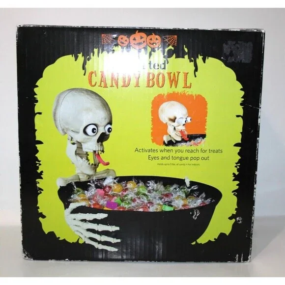 Gemmy Animated Halloween Motion Skull Candy Bowl Eyes Pop Talks Tongue Works
